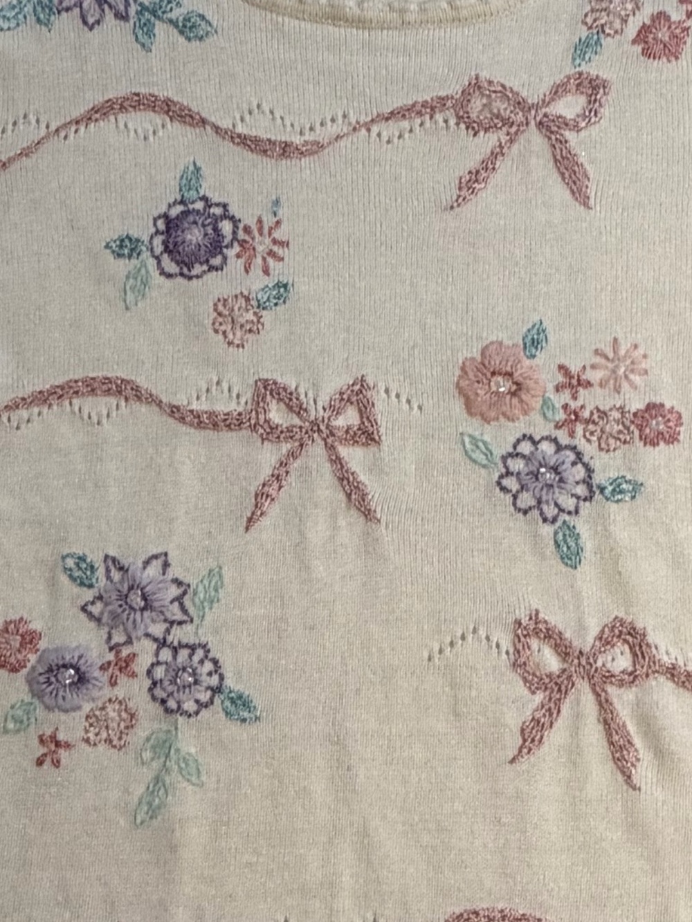 VINTAGE flower bouquet bow tie knot sweater short sleeve embroidered floral 90s - Picture 6 of 12